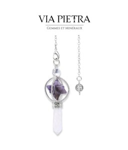 Pendule Merkaba et pointe de cristal de Roche avec Améthyste