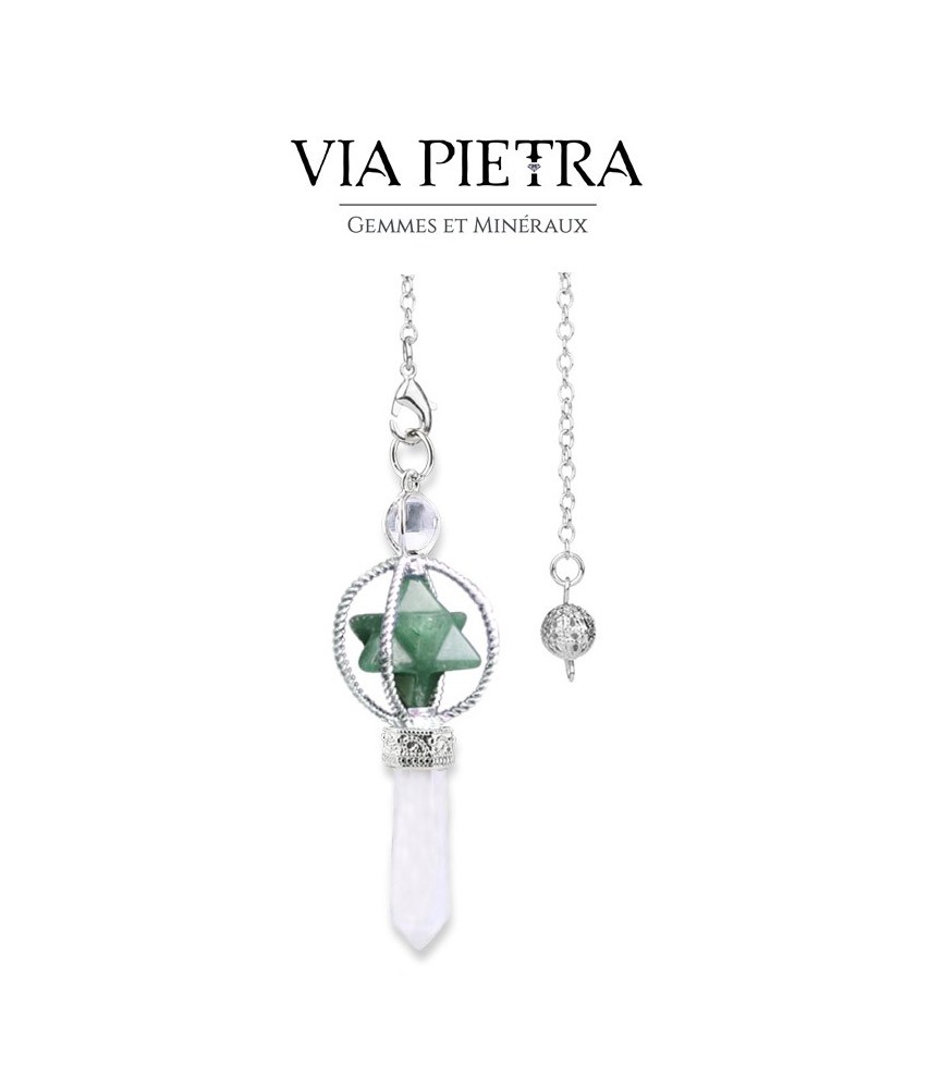 Pendule Merkaba et pointe de cristal de Roche avec Aventurine