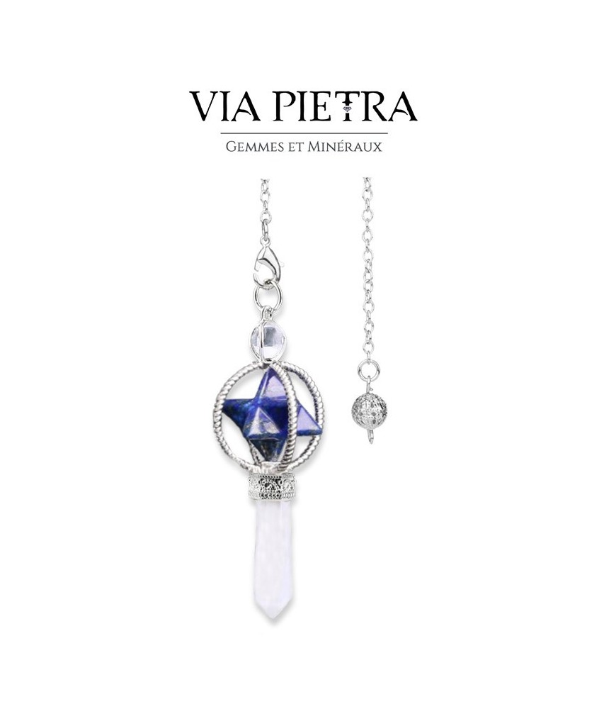 Pendule Merkaba et pointe de cristal de Roche avec lapis lazuli