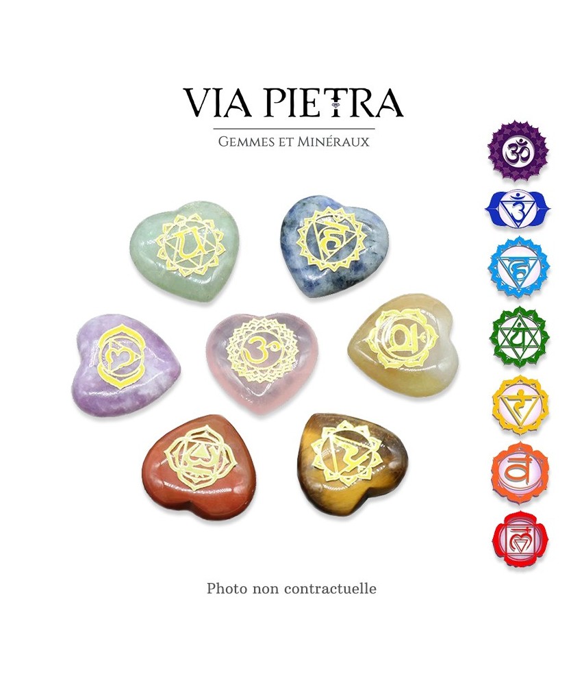 Lot coeurs 7 chakras pierre naturelle, coeurs 7 chakras en pierre, taux vibratoires, énergie rééquilibre