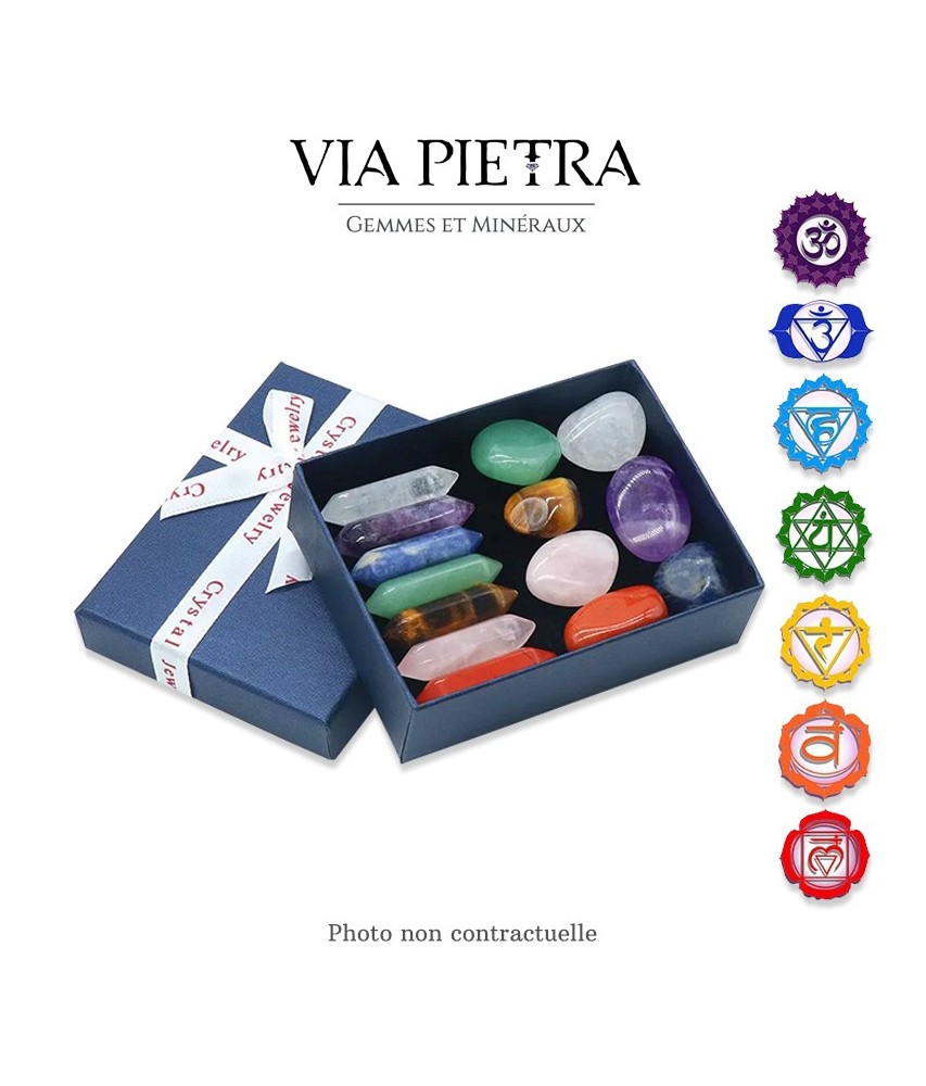 Lot minéraux coffret 7 chakras pierre naturelle, coffret 7 chakras en pierre, taux vibratoires, énergie rééquilibre