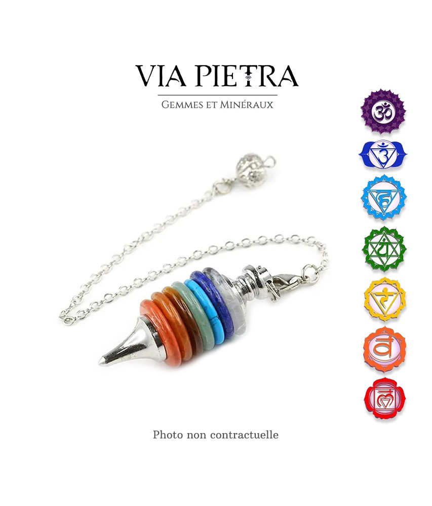 Pendule pointe en pierre naturelle 7 Chakras, pendule 7 chakras en pierre, 7 chakras radiesthésie